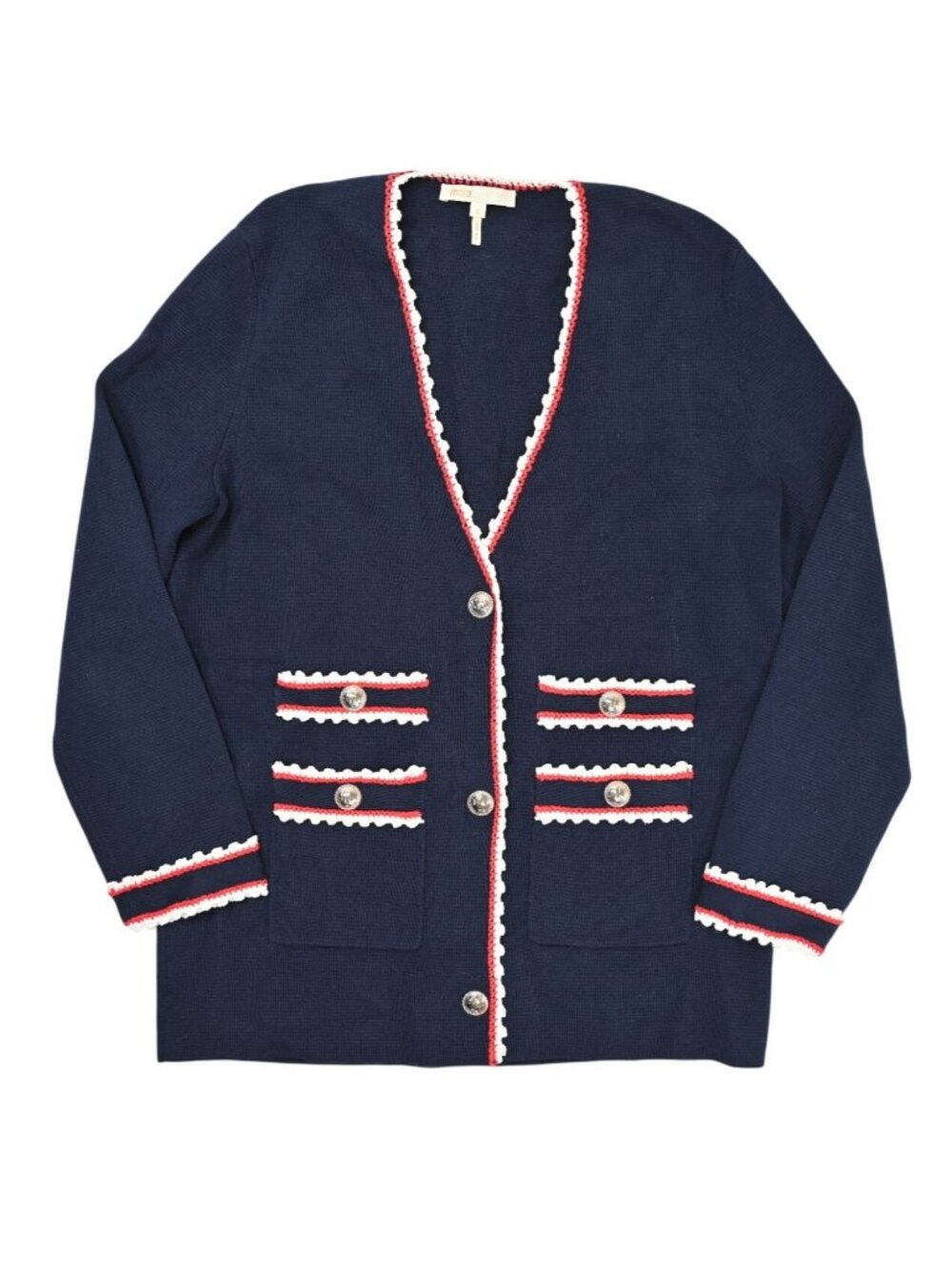 Maje Moulinette Contrast Trim Cardigan in Blue